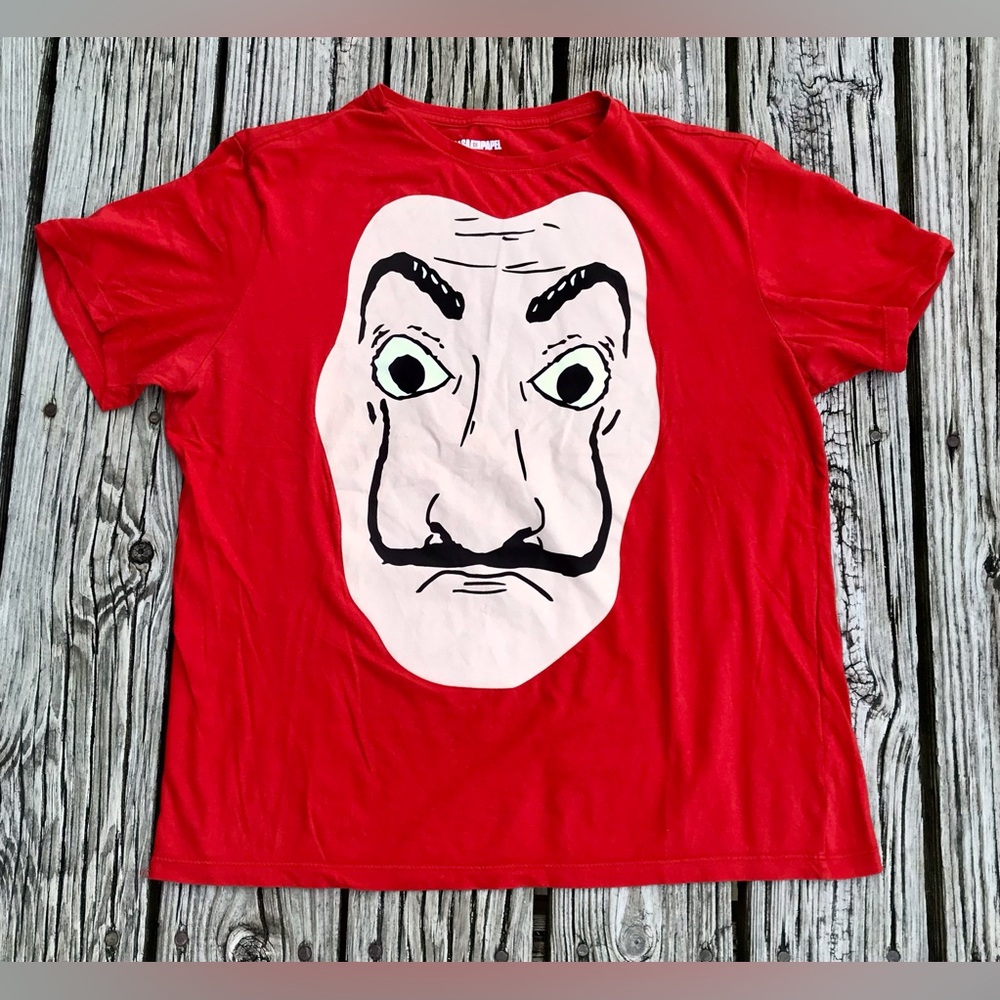 Mens L LA CASA DE PAPEL X NETFLIX Red Large Character Graphic Face Tee Tshirt